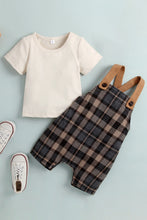 Load image into Gallery viewer, Baby Round Neck Tee and Plaid Overalls Set
