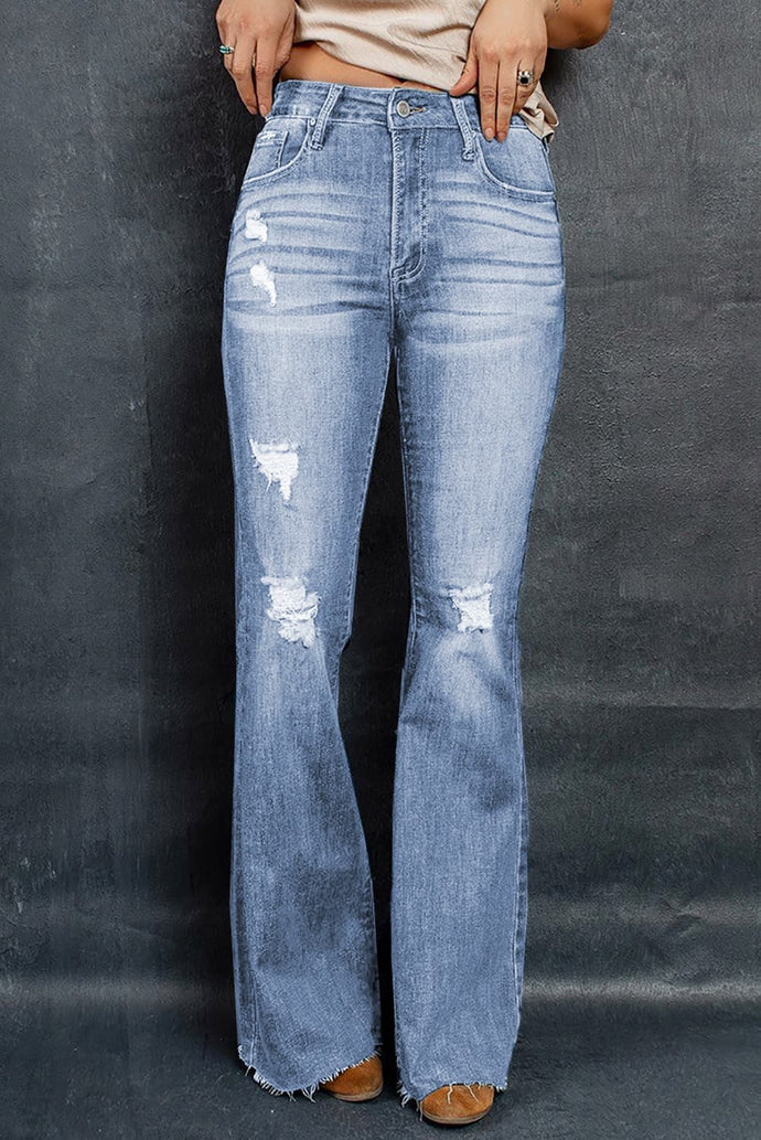 Distressed Raw Hem Flare Jeans
