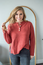 Load image into Gallery viewer, Model standing facing forward wearing henley sweater
