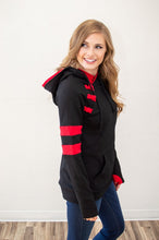 Load image into Gallery viewer, Black and Red Varsity Women&#39;s Double Hooded Sweatshirt
