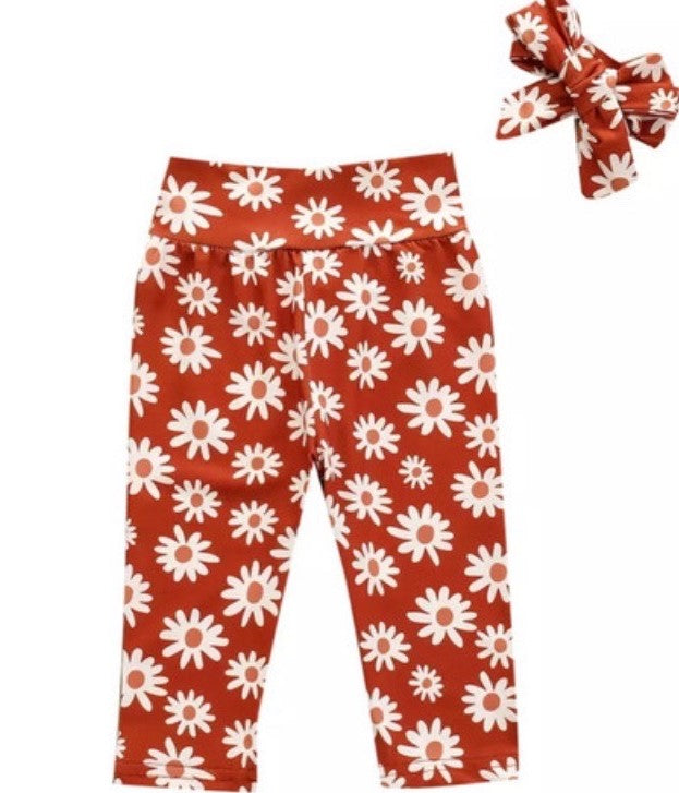 Rust Amelia Daisy Print Leggings with Matching Hairbow