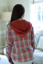 Load image into Gallery viewer, Back view of model wearing hooded flannel shirt.
