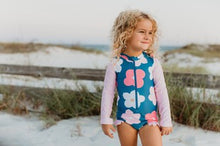 Load image into Gallery viewer, Navy and Pink Rash Guard Swim Suit with Pink Ruffle
