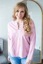Load image into Gallery viewer, Model wearing pink long sleeve shirt.
