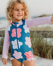 Load image into Gallery viewer, Navy and Pink Rash Guard Swim Suit with Pink Ruffle
