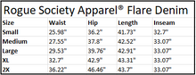 Load image into Gallery viewer, Size chart for high waisted flare jeans.
